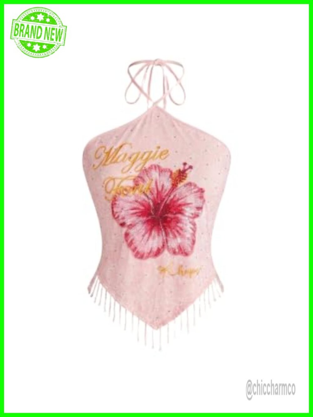 Verdusa Floral Sequin Halter Fringe Crop Top Y2K Tropical Party